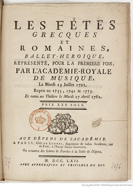 Edition de 1762 des Fêtes Grecques et Romaines